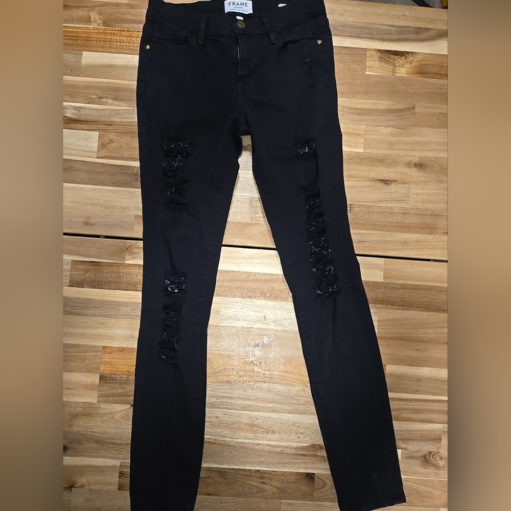FRAME Denim Le Skinny de Jeanne Black Distressed Skinny Pants Size 27
